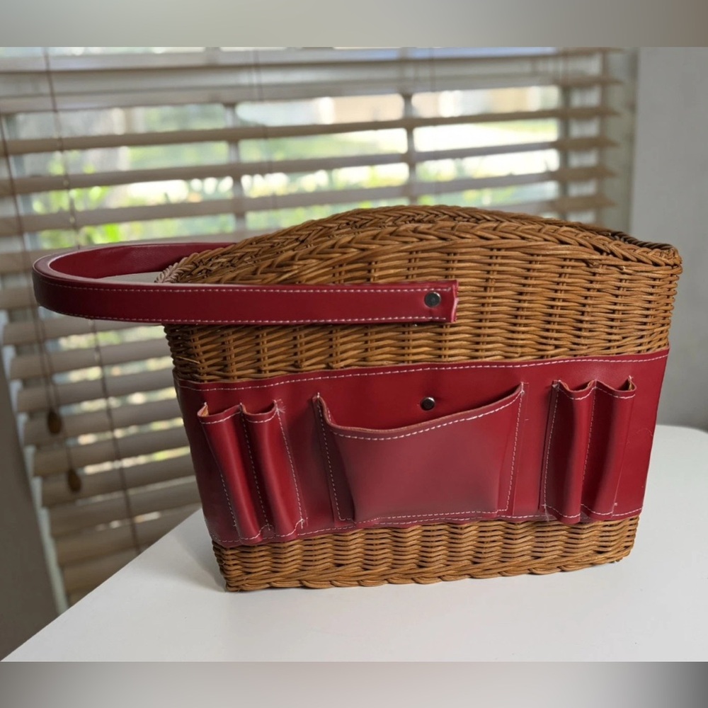 Vintage Wicker Garden Tote Basket, Red Faux Leather Tool Organizer,Decor Storage - Picture 8 of 8